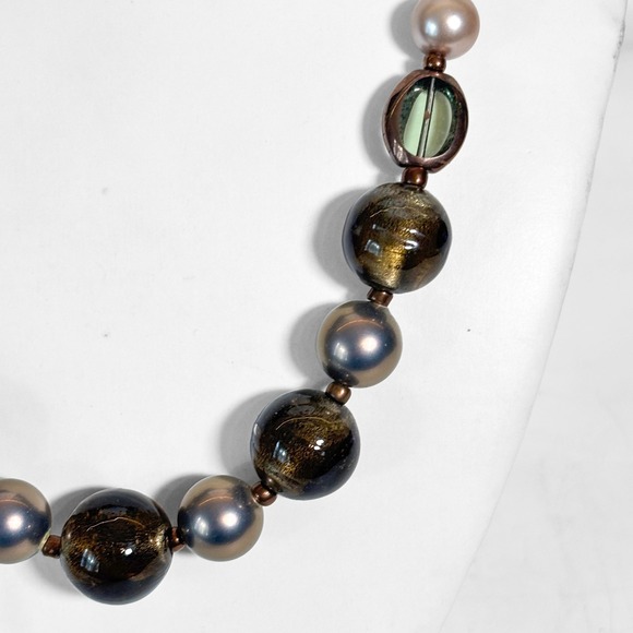 Artisan Beaded Necklace Lampwork Glass Faux Pearl Mauve Bronze Olive 19 Inch - Picture 2 of 7
